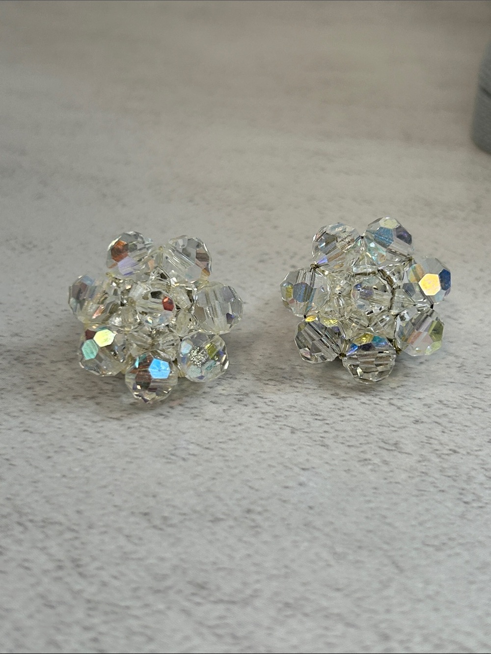 Vintage Crystal Cluster Stud Earrings - Clear Aurora Borealis